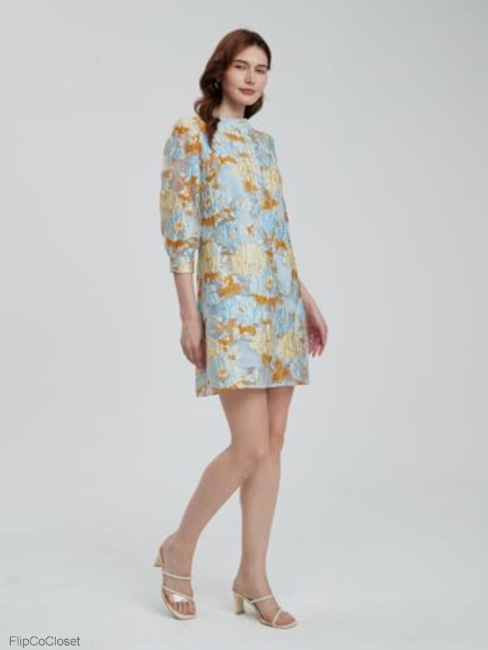 Floral Jacquard Embroidered Cocktail Shift Dress with Puff Sleeves Mini - Picture 5 of 6